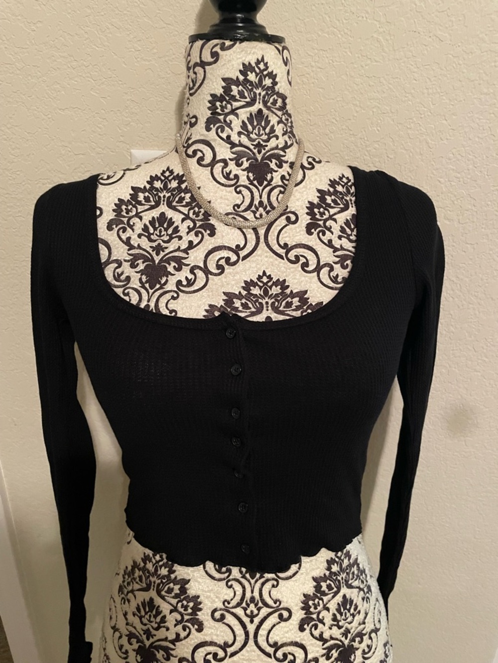 Black Ribbed Scoop-Neck Button-Front Women's Top